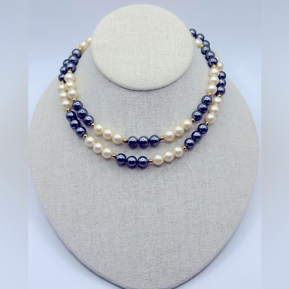 MONET CREAM FAUX PEARL HEMATITE BEAD NECKLACE GOLD TONE - Picture 2 of 5